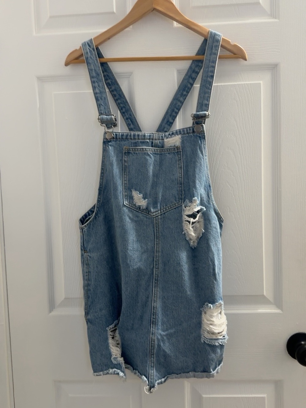 Cello Light Blue Distressed Denim Overall Dress